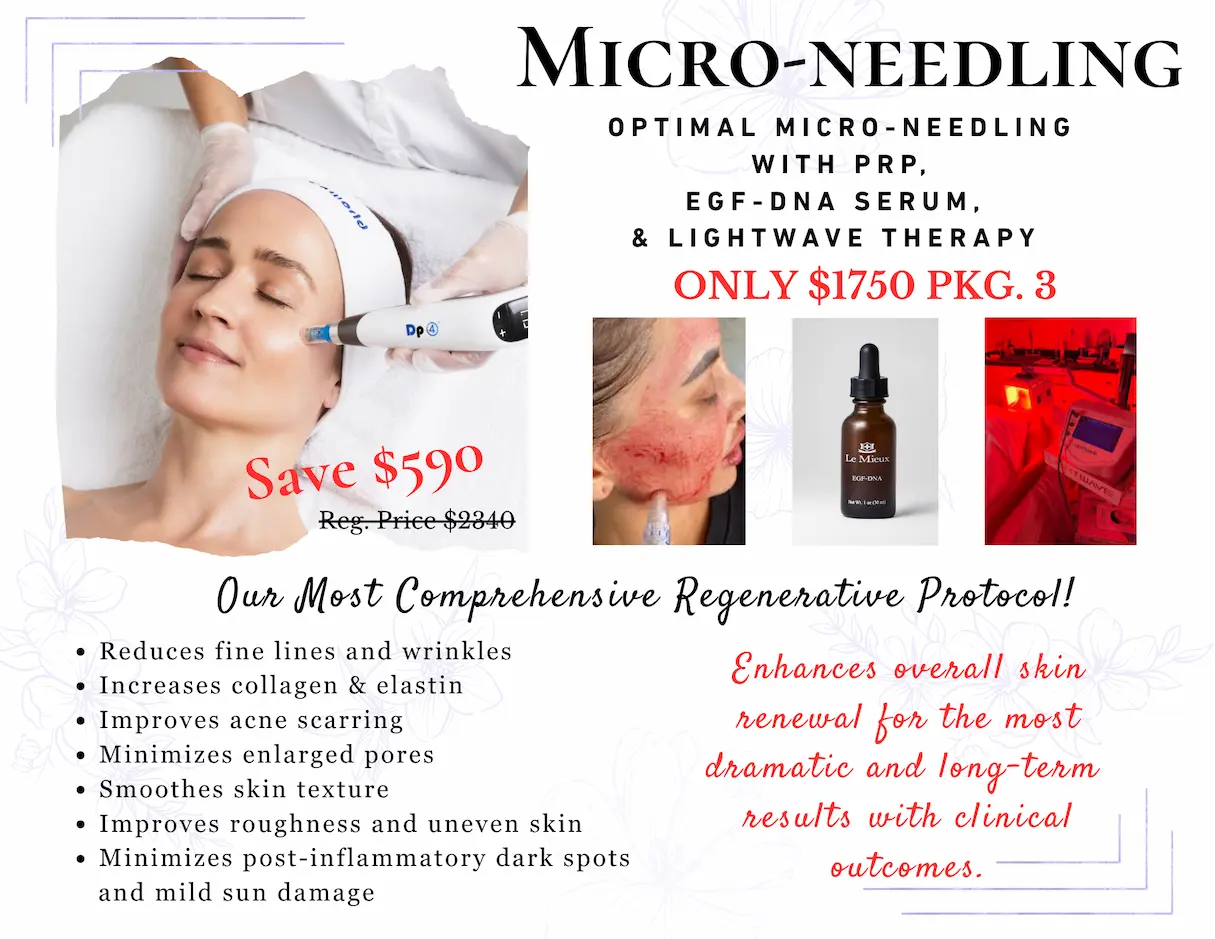 Comprehensive microneedling package at DLM Aesthetics featuring DP4 microneedling, PRP, Le Mieux EGF-DNA serum, and Lightwave therapy for skin rejuvenation.