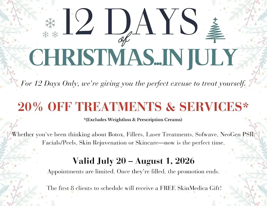 De Luz Medical Aesthetics Christmas in July promotion flyer in Temecula, CA, offering 20% off medspa treatments including Botox, fillers, laser treatments, Sofwave, and NeoGen PSR from July 20 to August 1, 2026